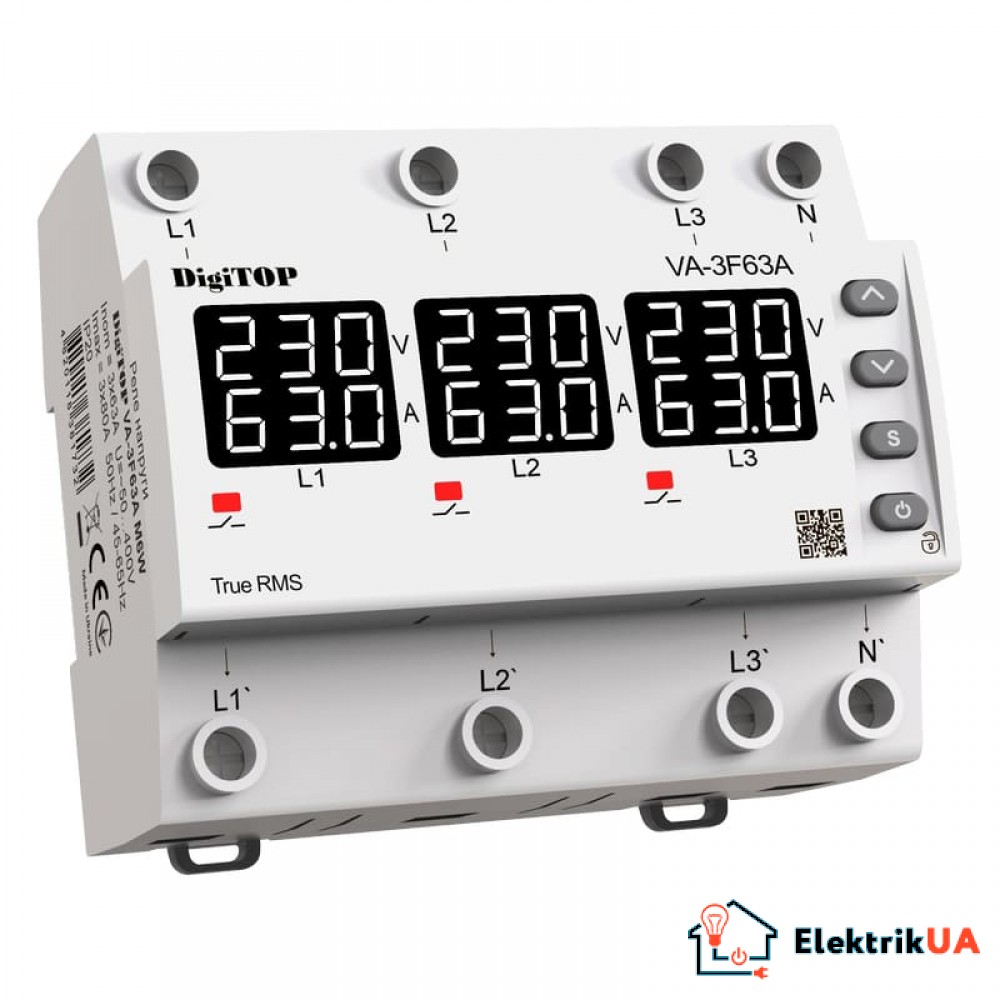 Трифазне реле напруги з контролем струму DigiTOP VA-3F63A-M6W з білим індикатором